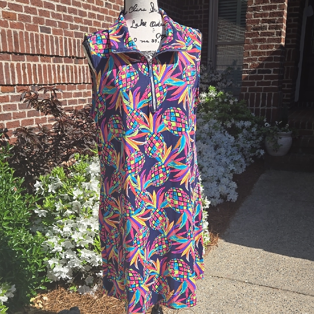 Lulu-B Sleeveless Dress in Navy with Neon Tropical Print.  SPF 50 +